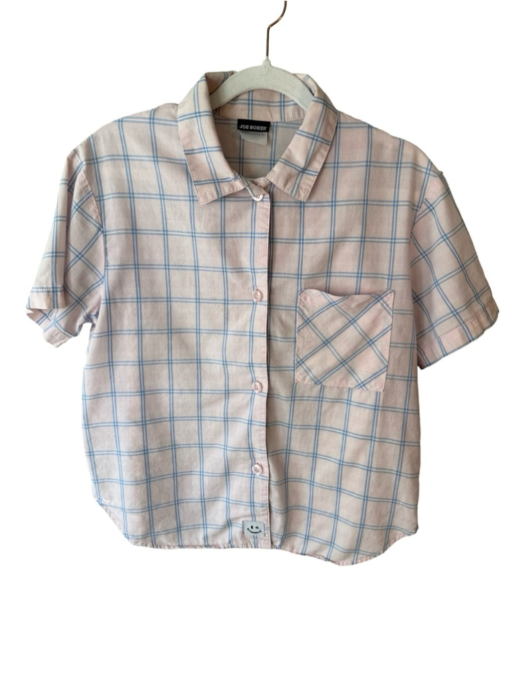 Joe Boxer Pink and Blue Plaid Short Sleeve Button-Up Shirt Size S Y2K Vintage